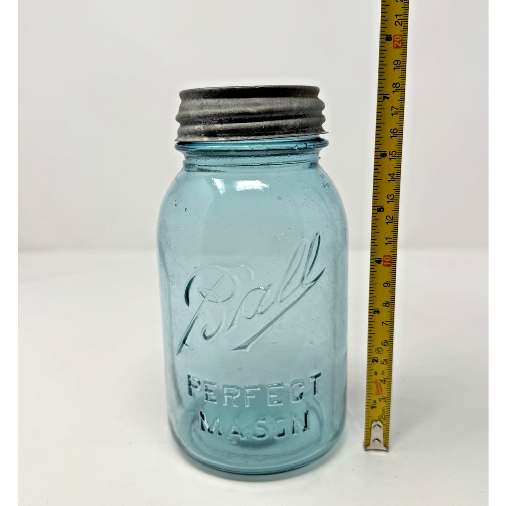 Ball "Perfect Mason" Quart Zinc Top w/Porcelain Liner 1910-1923 #4 Light Blue - Picture 2 of 16